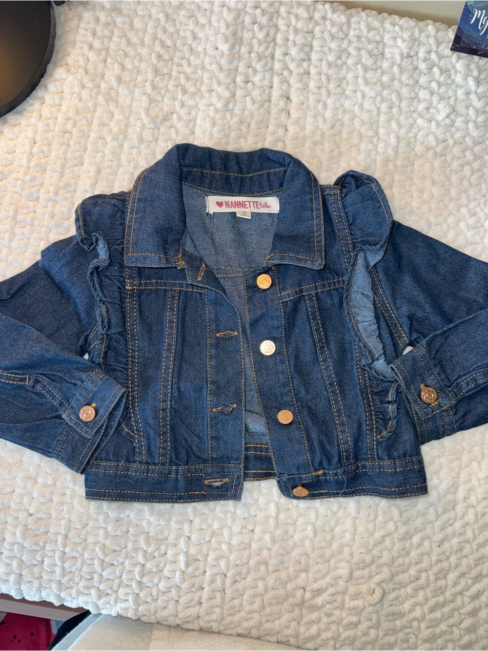 Kids Dark Blue Denim Jacket with Ruffle Detail